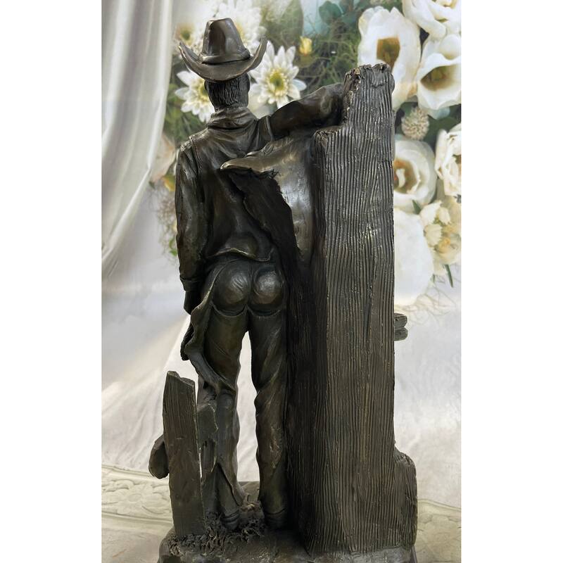 Cowboy Saddling Imitative Horse Stables Barn Bronze Statue Sculpture Figure 16 Inches X 8 Inches