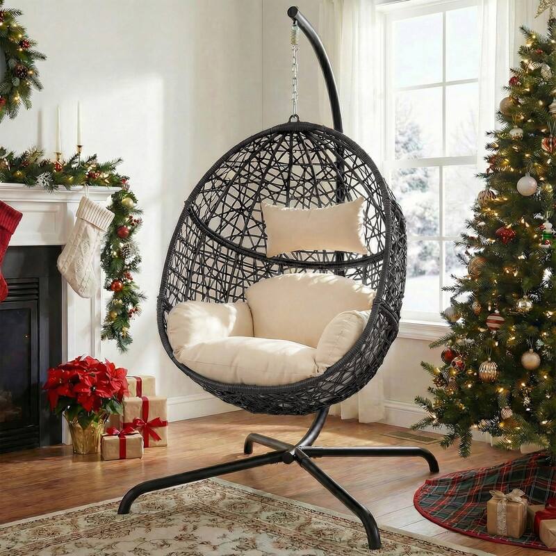 Extra Large Egg Chair with Stand, 450 lbs Capacity Hanging Basket Chair, Indoor/Outdoor Wicker Nest Swing Chair with Cushions - Beige