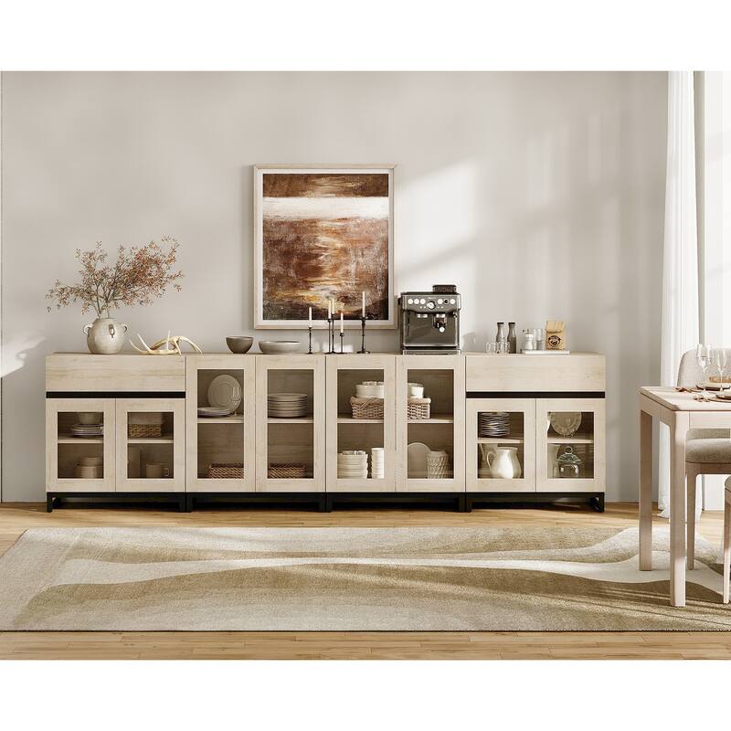 4 in 1 Sideboard with 2 Glass Doors & Drawers, Adjustable Shelf, Metal Base for Living Room, Kitchen