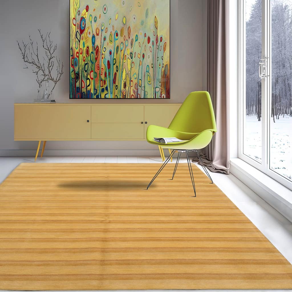 Hand Knotted Tibetan Gold, Tan Striped Wool Modern Oriental Area Rug - 6' x 8' 11''