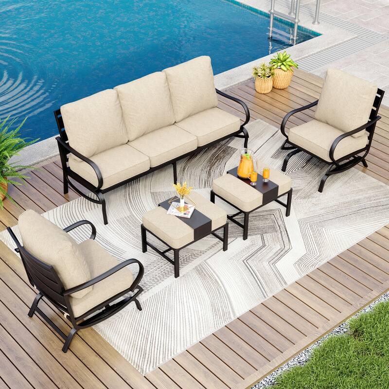 MAISON ARTS 5/7/9-Seat Patio Conversation Set, Outdoor Sofa Set with Single Sofa Chairs, 3-Seater Sofa, Ottoman and Coffee Table - 5-Piece - Set 3-Rocking Chairs with Ottoman