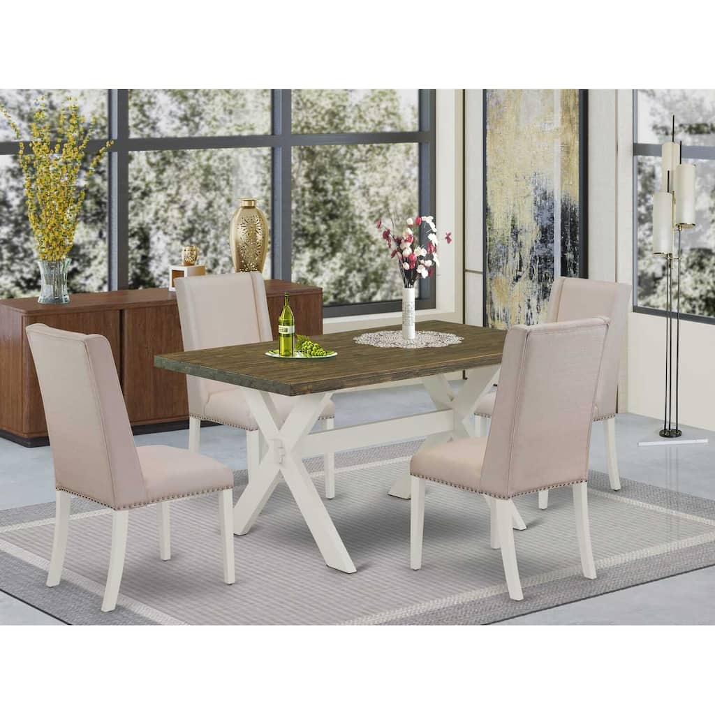 HomeStock 5-Piece Distressed Jacobean Finish Solid Wood Top Dining Table with 4 Parson Chair
