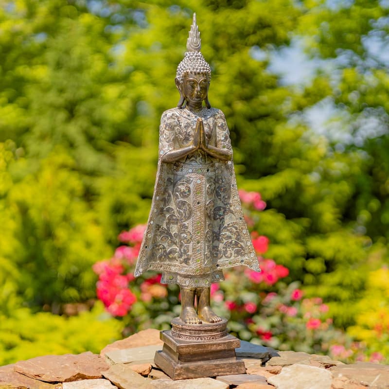 Tall Standing Polyresin Buddha Statues - 10.63" L x 5.91" W x 24.8" H - Frosted Gold