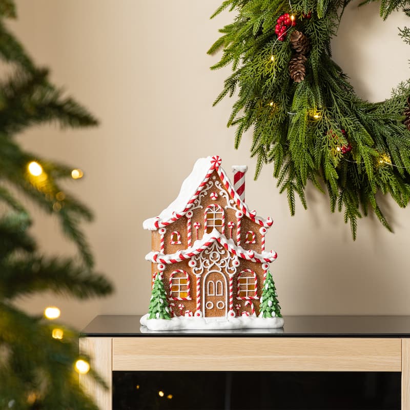 Glitzhome Lighted Christmas Gingerbread House Resin Village Xmas Table Decor Collectible Figurines