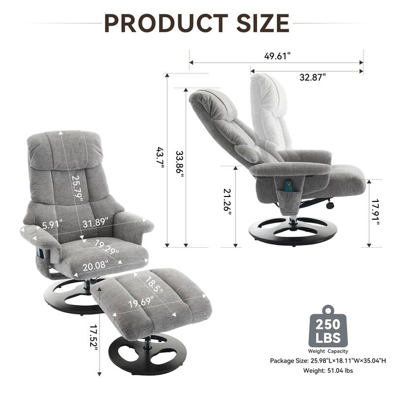 Recliner Chair with Ottoman, 360° Swivel Lounge Chair with Footstool, Chenille Fabric, Seat Heating & 140° Adjustable Backrest