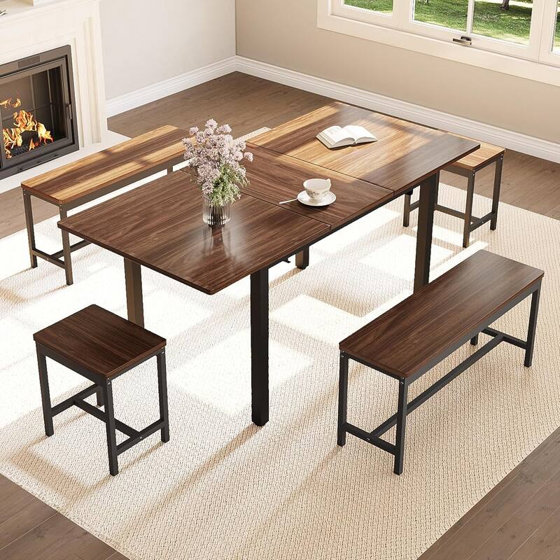 5-Piece Extendable Kitchen Dining Table Set for 4-8 People with 2 Benches and 2 Stools
