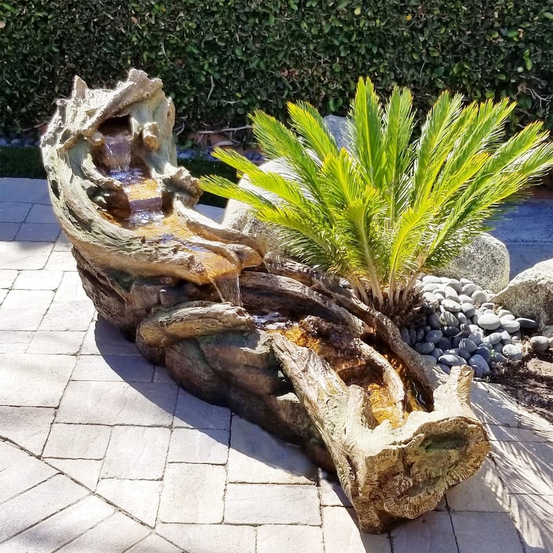 Alpine Corporation TZL242 80" Brown and Gray Indoor Outdoor Wood River Log Water Fountain with LED Lights