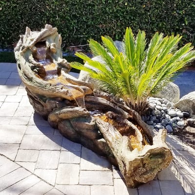 Alpine Corporation TZL242 80" Brown and Gray Indoor Outdoor Wood River Log Water Fountain with LED Lights
