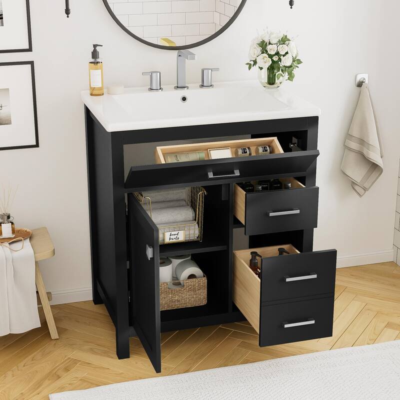 Bathroom Vanity with Ceramic Sink, Bathroom Cabinet with 1 Flip Drawer and 2 Drawers, Bathroom Vanities with Storage Shelves