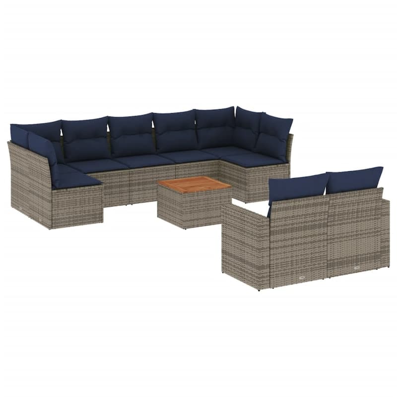 vidaXL 10 Piece Patio Sofa Set with Cushions Black Poly Rattan - 24.4" x 24.4" x 27.2"