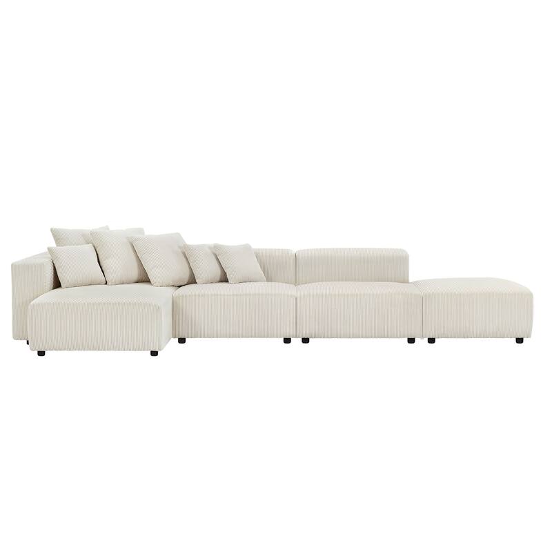 Modular Soft Corduroy Sectional Sofa 4-Piece Set with Small L-Shaped Chaise and Ottoman & 4 Throw Pillows