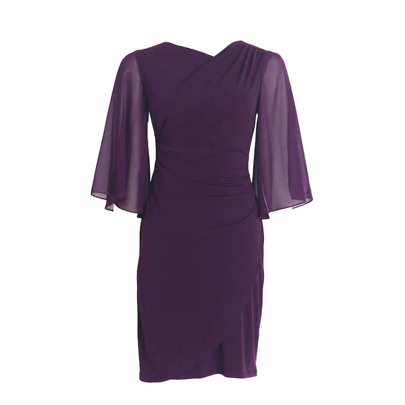Connected Cowlneck Cape-Sleeve Sheath Dress - Aubergine - 12