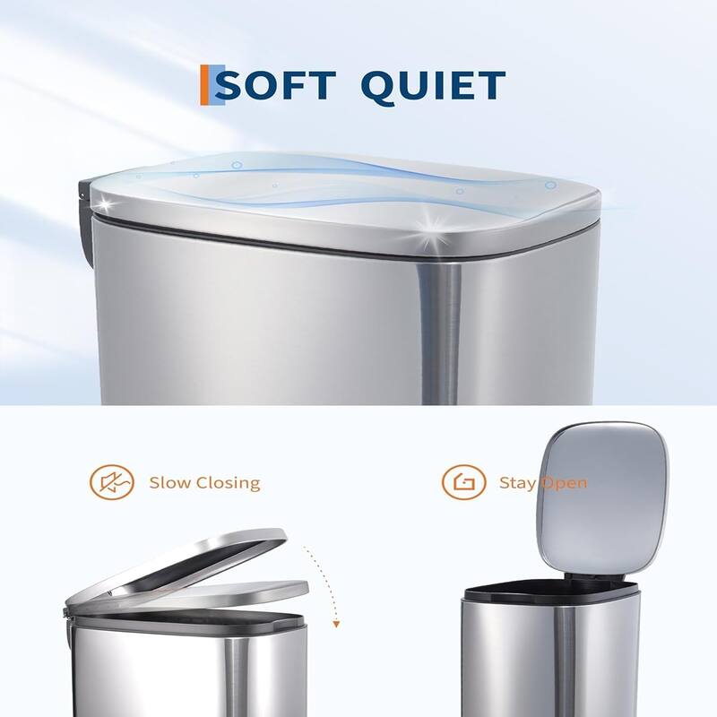 13-Gallon Slim Stainless Steel Trash Can with Soft-Close Lid - Narrow Design