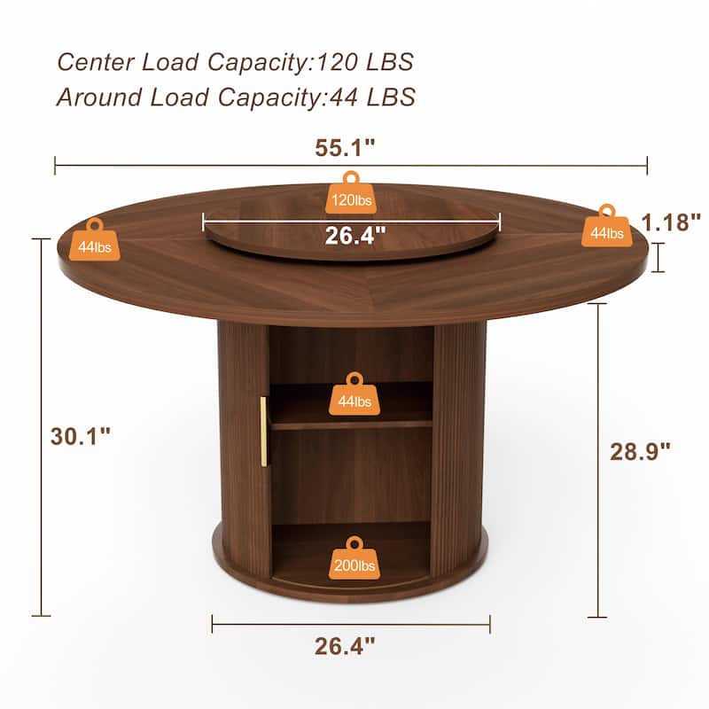 55-inch round dining table for 6, featuring a double-tiered storage rack and a rotating tabletop tray