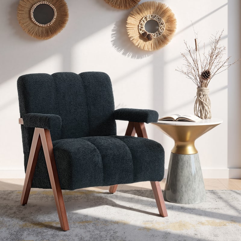 Mid Century Modern Accent Chair, Chenille Armchair with Solid Wood Legs, Channel Tufted Comfy Reading Chair for Living Room - Black