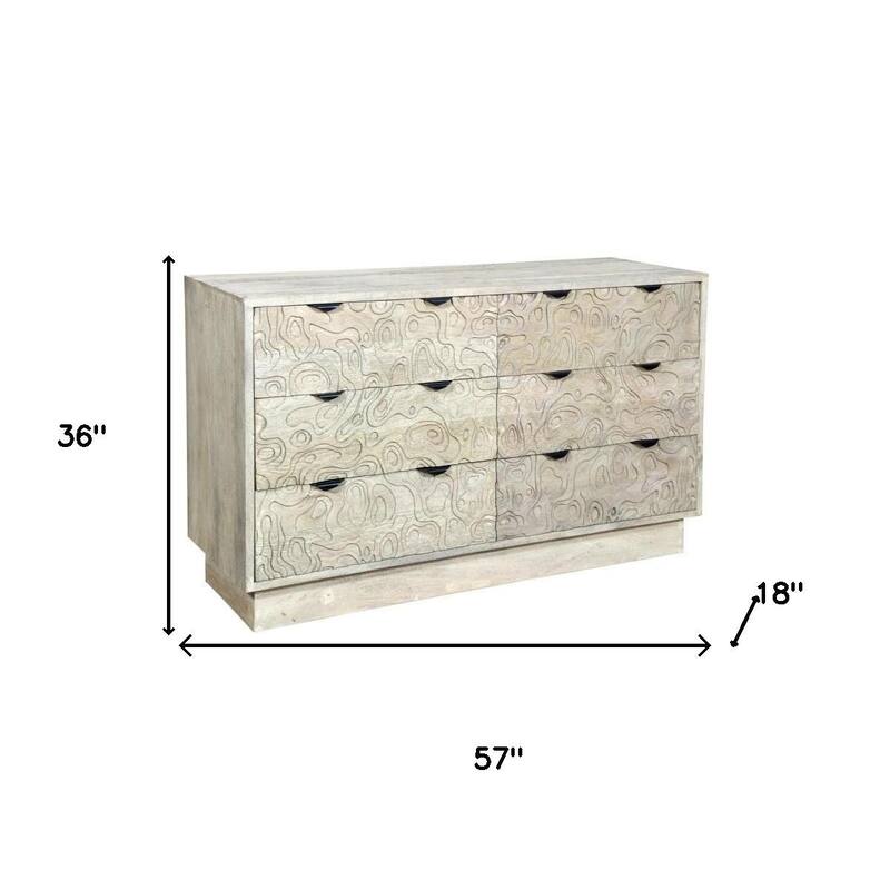 HomeRoots 57" Gray Carved Geometric Solid Wood Six Drawer Dresser