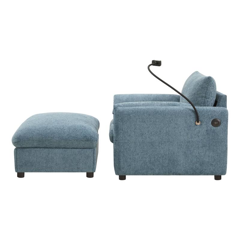 Single Sofa Chair and Storage Ottoman Sets, Chenille Accent Chair Wide Seat Chaise Lounge Couch with Phone Holder & USB Chargers