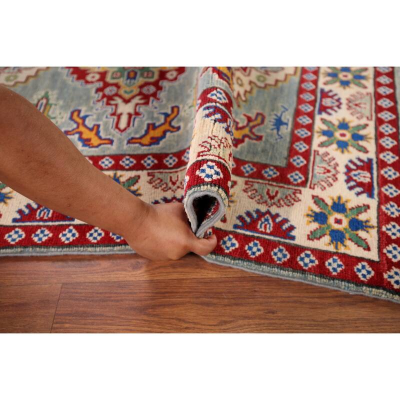 Geometric Kazak Foyer Rug Hand-Knotted Blue Wool Carpet - 3'4" x 4'9"