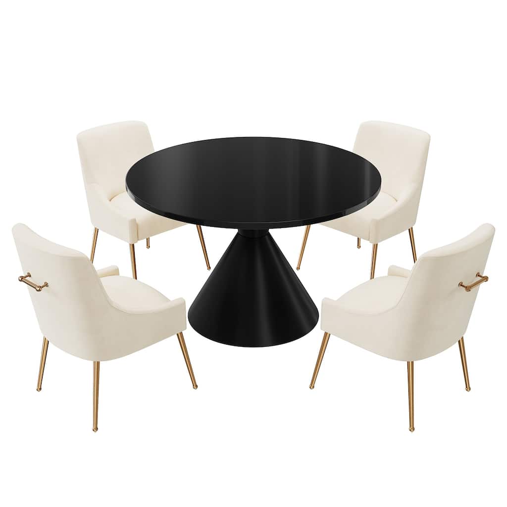 48" Light Luxury White High Gloss Large Countertop Dining Table with Velvet Dining Chair Set