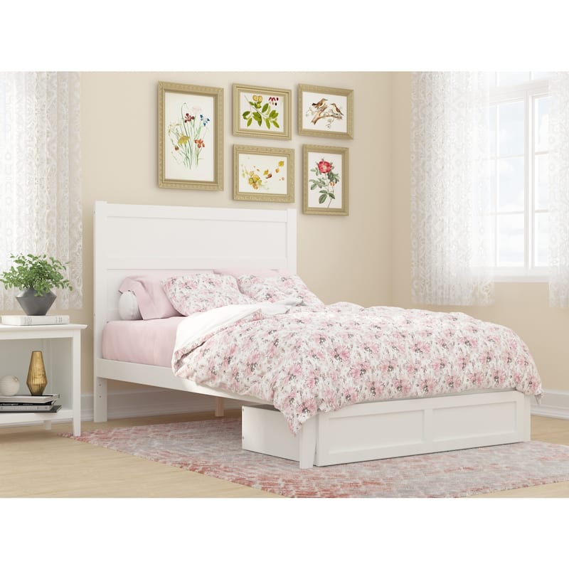 Full Size Bed with Storage Drawer - Contemporary Platform Bed Frame, White Finish