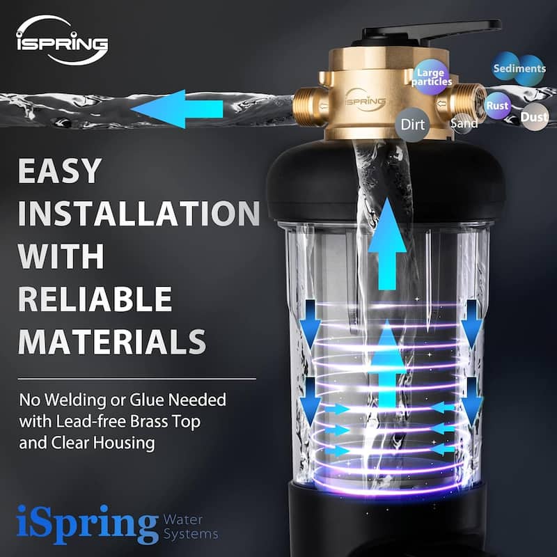 iSpring WSP200ARJ-BP NSF Certified Spin-Down Sediment Water Filter w/ Bypass, 200 Microns, 4 Modes, Touch-Screen Flushing Module