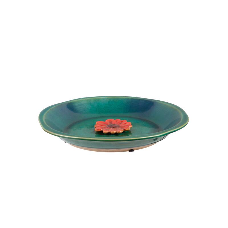 12" Bee Bath, Ceramic, Blue with Red Flower
