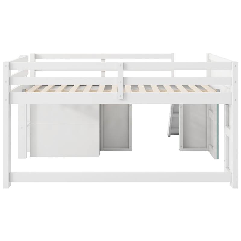 Full Size Low Loft Bed with Slide, Three Drawers, Two Doors, White