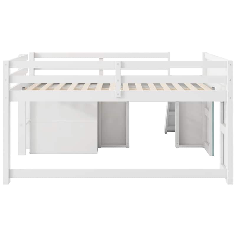 Full Size Pinewood Low Loft Bed with Slide, 3 Storage Drawers and 2 Doors