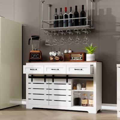 Farmhouse Coffee Bar Cabinet with Drawers and Sliding Barn Doors