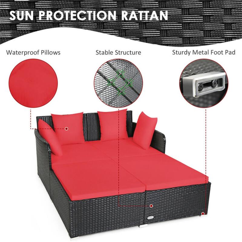 Outdoor Rattan Daybed with Cushions for Patio or Backyard - 61" x 52" x 27.5"