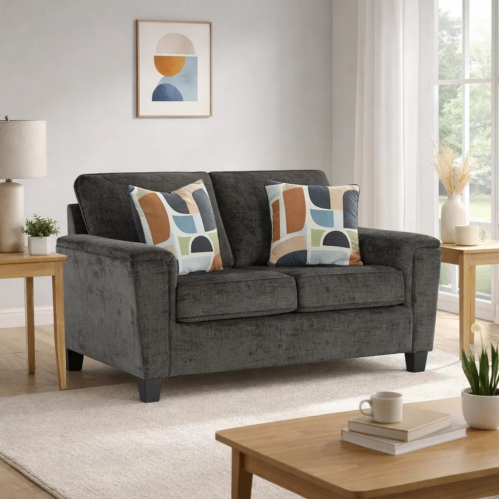 Erin Loveseat, 2 Accent Throw Pillows, 61 Inch Dark Gray Polyester