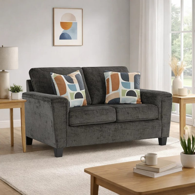 Erin Loveseat, 2 Accent Throw Pillows, 61 Inch Dark Gray Polyester