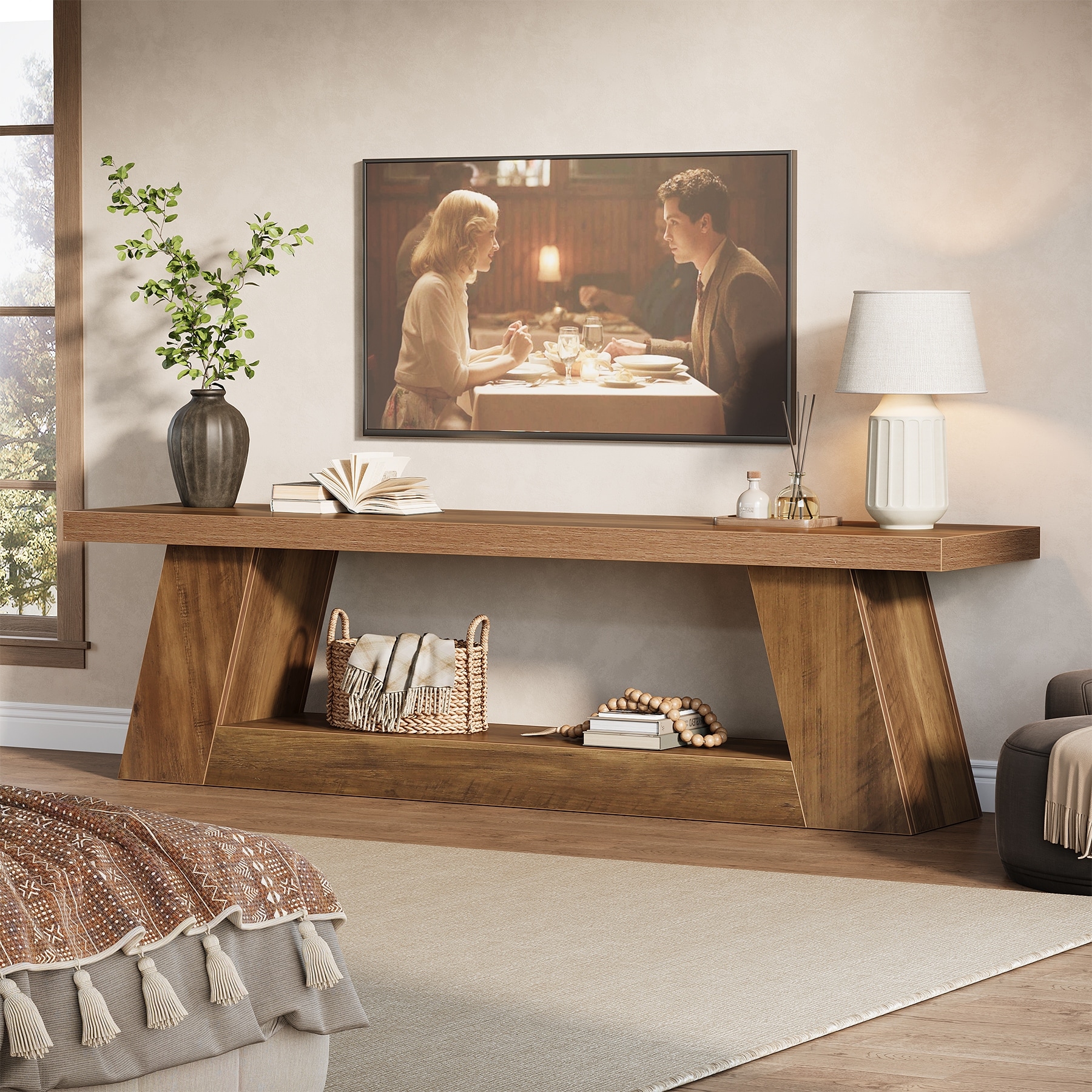 63" Extra Long TV Stand for 75" TV, Farmhouse Wooden Media Console with Storage Entertainment Center for Living Room