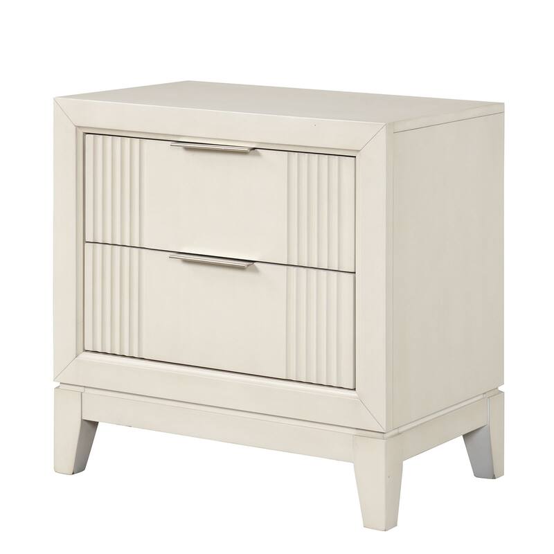 Transitional Nightstand - Antique White Finish, Fluted Design & Chrome Handles