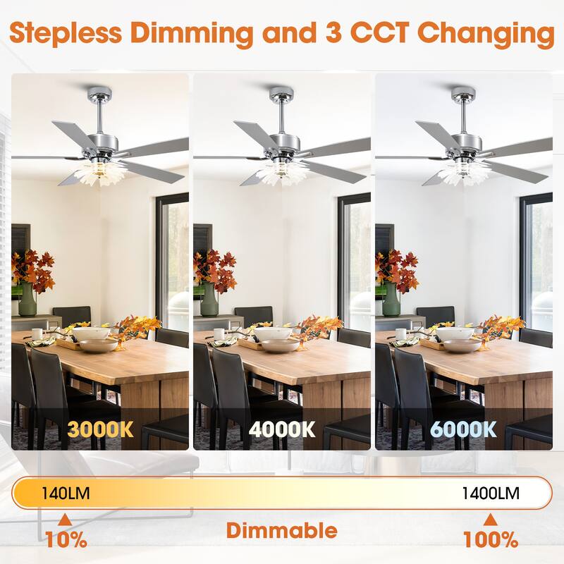 52" Chrome Reversible 5-Blade Modern LED Ceiling Fan with Light and Remote