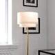 preview thumbnail 1 of 4, Burnaby Gold Brass Mid-Century Modern Floor Lamp White Linen Shade Pull Chain Switch - 15-in W x 62.5-in H x 15-in D