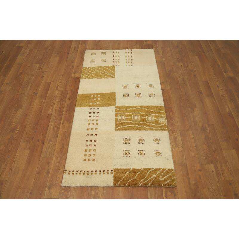Hand Knotted Oriental 100% Wool Carpet Modern Geometric Beige & Ivories Gabbeh Area Rug - 4' 5'' X 2' 3''