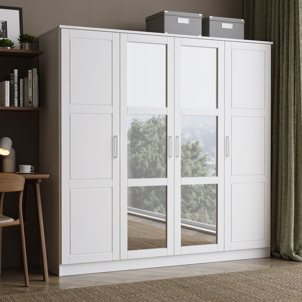 100% Solid Wood Cosmo 4-Door Wardrobe with Solid Wood or Mirrored Doors by Palace Imports