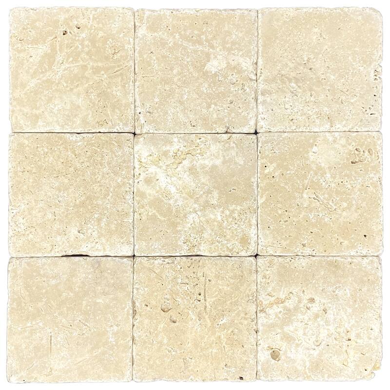 Ivory Travertine 4" x 4" Rustic Tumbled Tile - 1 Box (5.56 sqft) - Cream