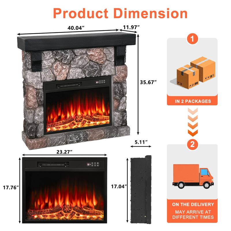 BOSSIN 36" /40" Electric Fireplace with Mantel, 23 inch Electric Fireplace Insert, TV Stand Freestanding Heater Flame Faux Stone