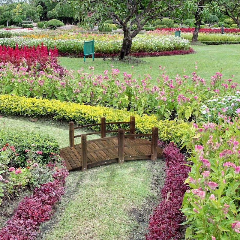 Fir Wood Garden Bridge Arc Walkway with Side Railings for Backyards, Gardens, and Streams, Stained Wood, 60" x 26.5" x 19"