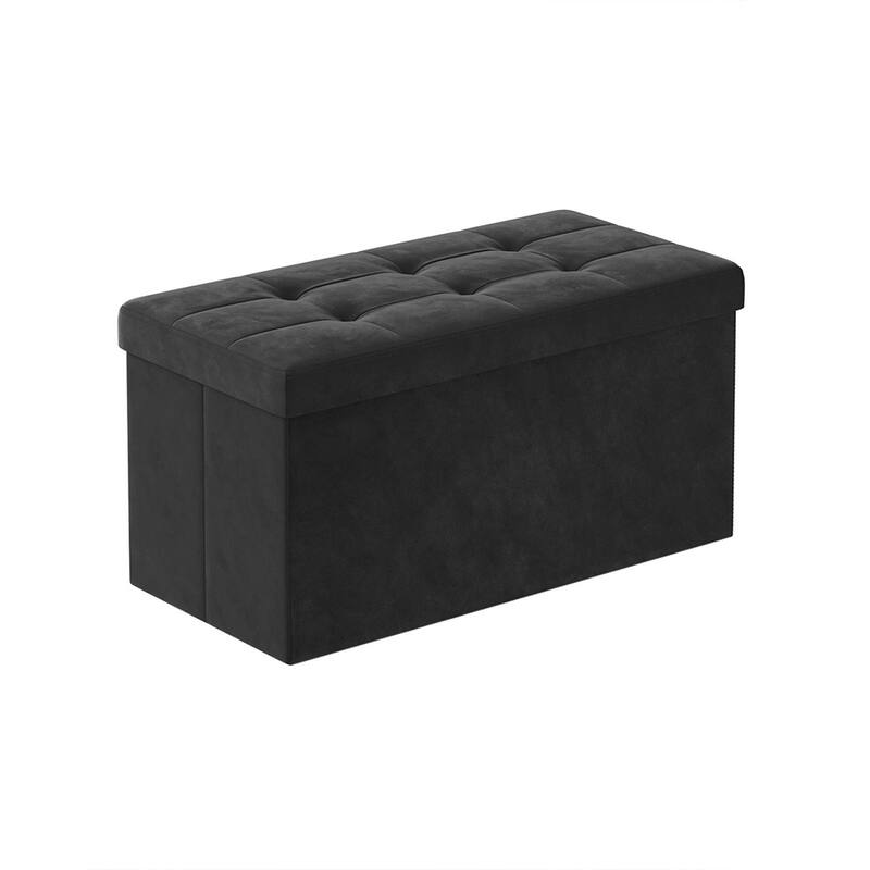 Velvet Padded Storage Ottoman Bench with Foldable Design and Hidden Compartment for Living Room or Bedroom - 15 x 30 x 15 Inches - Ink Black