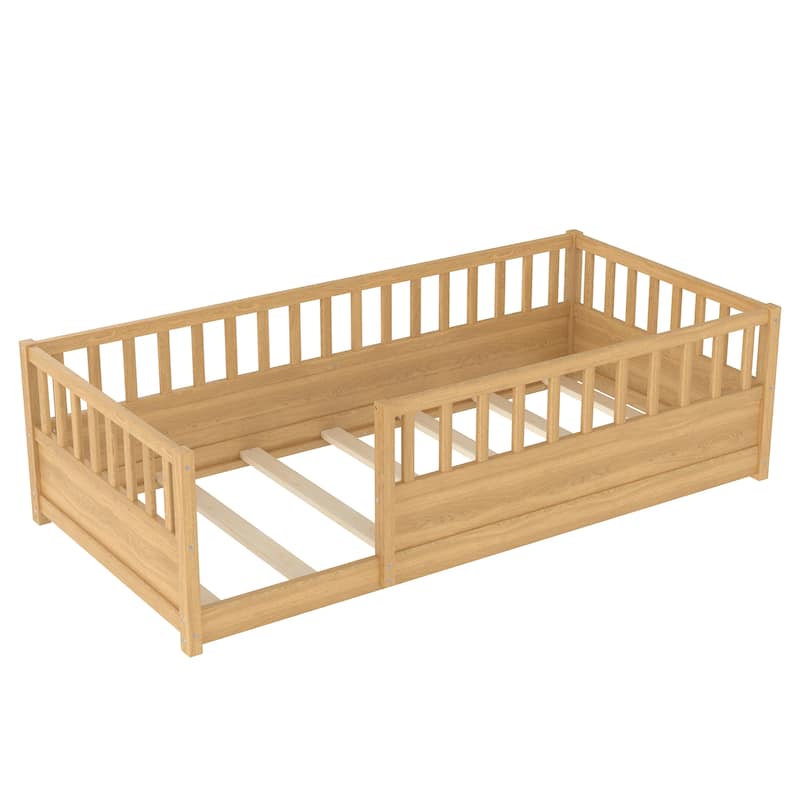 Floor Bed Pine Wood Bed Frame with Fence for Kids Easy Assembly