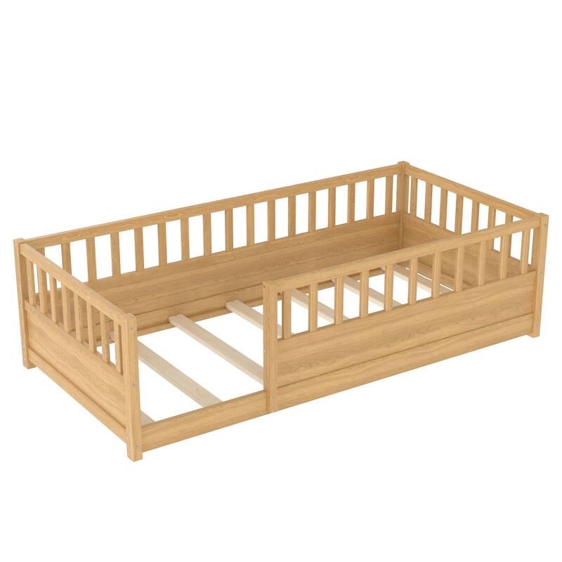 Full/Twin Montessori Floor Bed with Security Barrier & Door - Children's Wooden Bed Frame