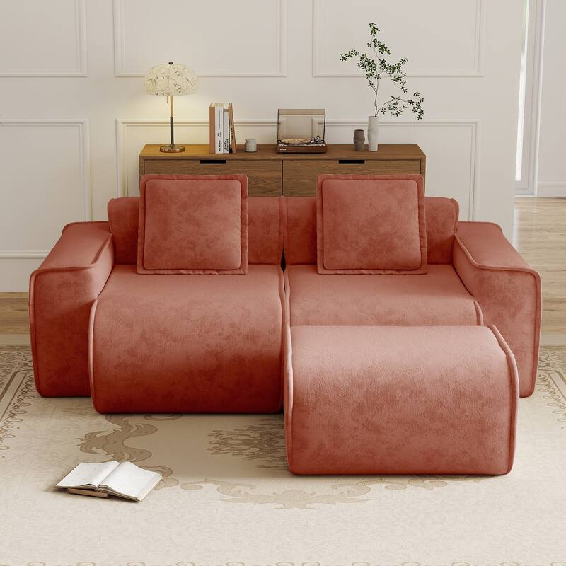 Streamlined Design Modular 2 Seat L Shape Boneless Velvet Fabric Sofa with 1 Movable Ottoman - 8' x 10' - Red - Left Facing