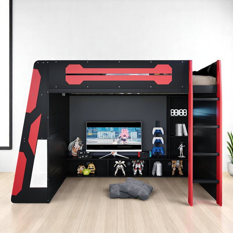 Full Size Gaming Loft Bed with Storage Shelves, Built-in Desk and RGB Light, Sturdy Wood Construction