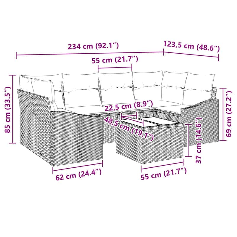 vidaXL 7 Piece Garden Sofa Set with Cushions - 92.1×48.6×27.2