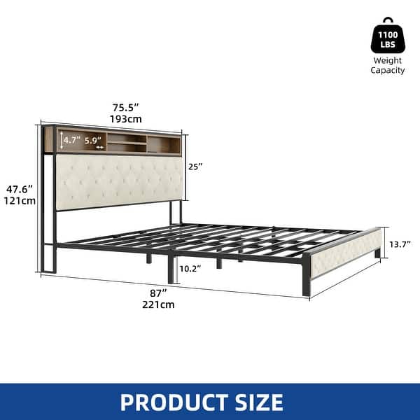 dimension image slide 1 of 2, Modern King Upholstered Storage Bed With USB Power pad
