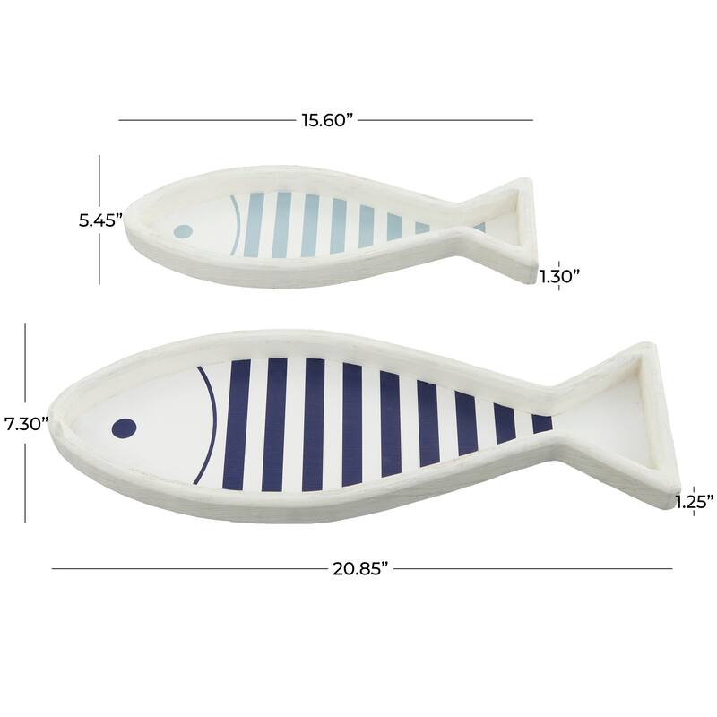 White Wood Fish Living Room Decor Tray (Set of 2) - 21", 16"W