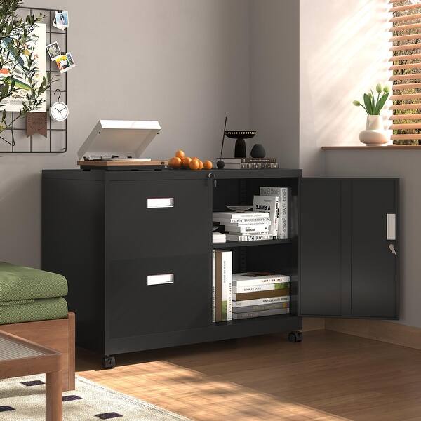Metal Office Cabinet with 2 Drawers & Adjustable Shelves, Mobile Lateral  Filing Cabinet with Lock - Bed Bath & Beyond - 42458641